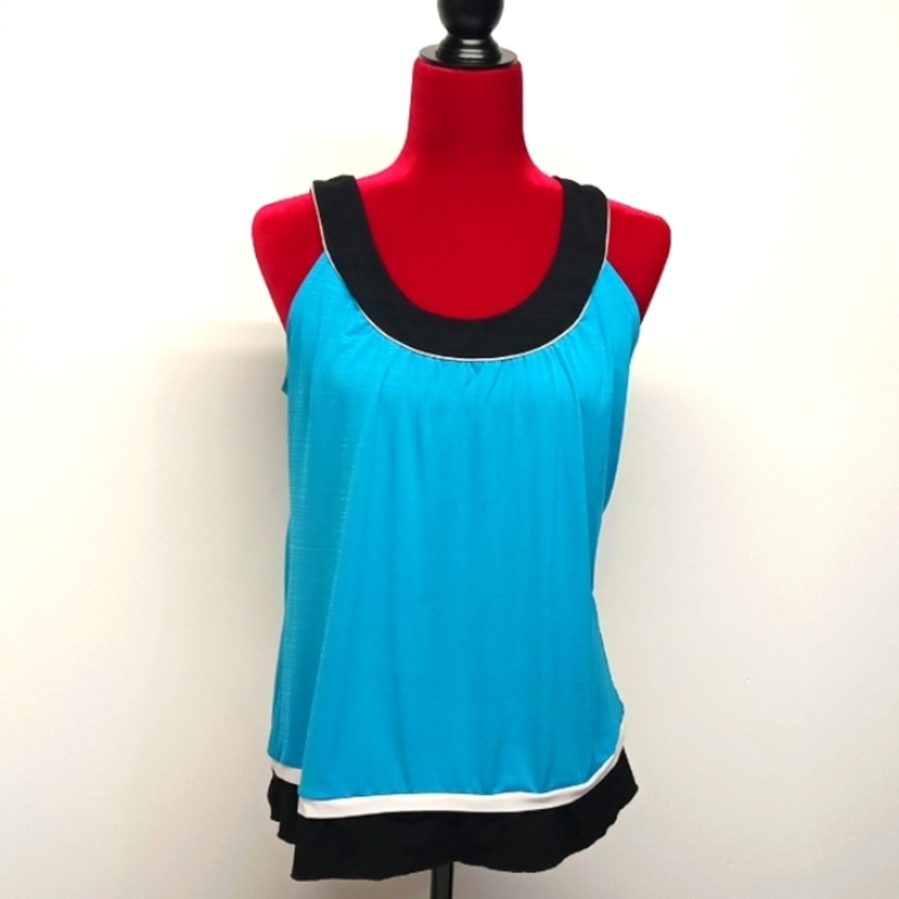 IZ Byer California turquoise sleeveless top women's Sz L, back details blouses.
